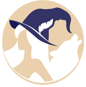 Logo de Elodye H. Fredwell, autrice, représentant une sorcière au chapeau bleu et un loup qui hurle.